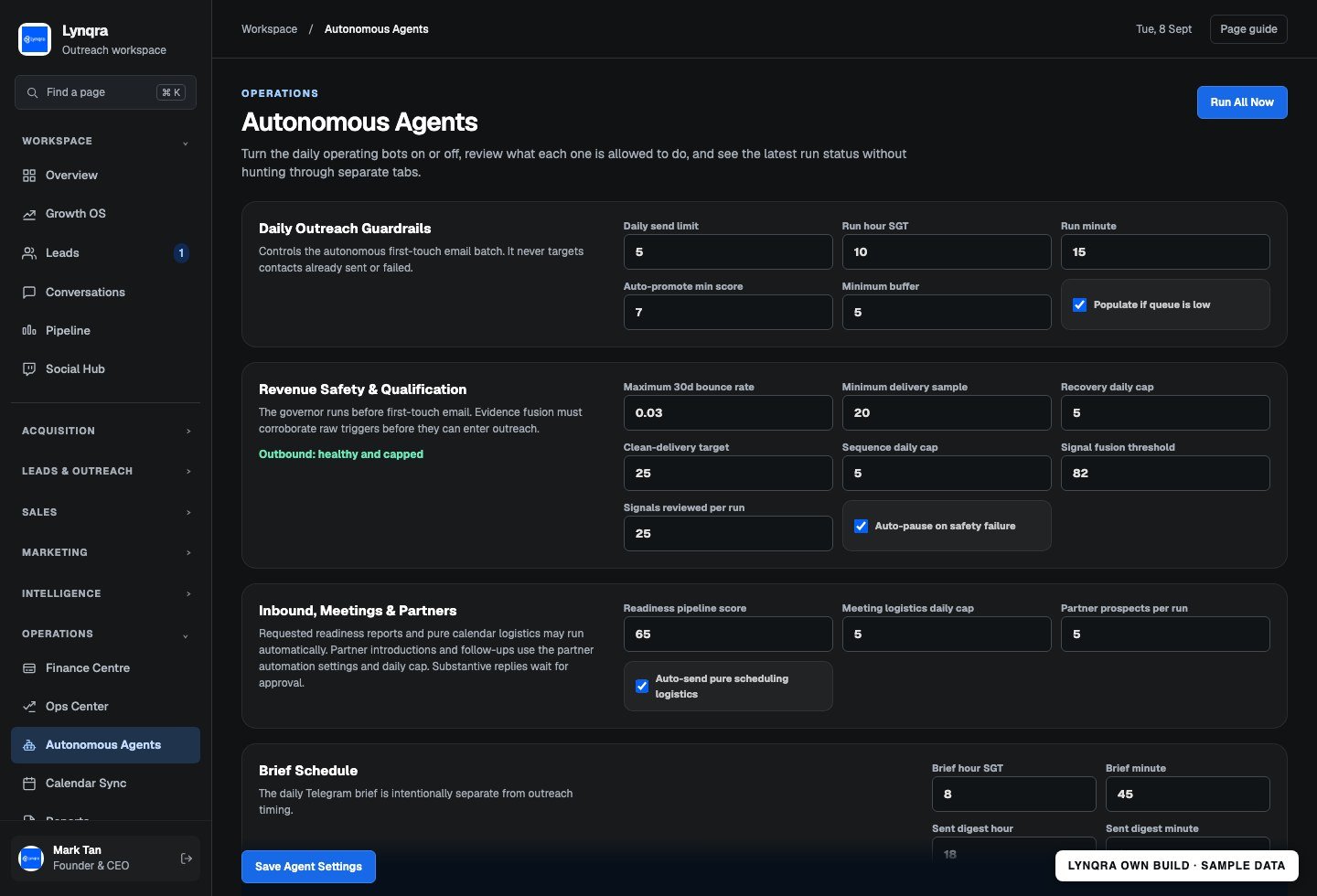 Outreach OS agent controls, captured from the working app with sample settings and an isolated database. No live prospects, messages or account secrets are shown.