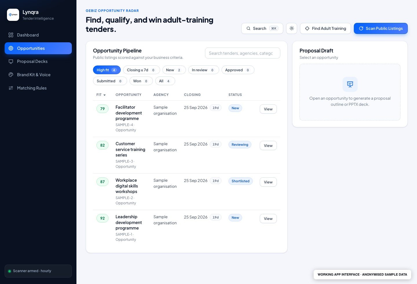 Screenshot of the standalone tender app running with sample opportunities in an isolated database. Client identity and business records are not shown.